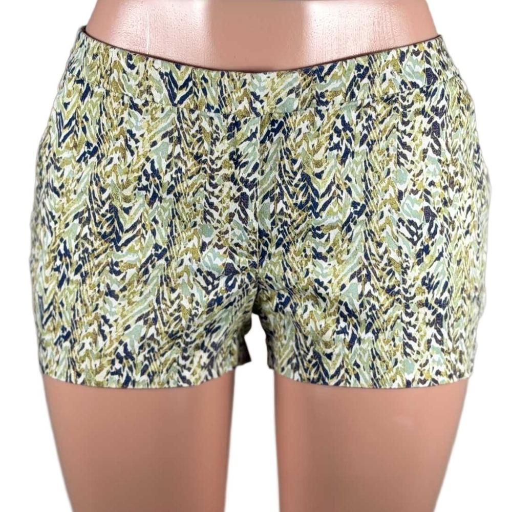 H&M Women Green Blue Abstract Chevron Print Cotton Stretch Shorts Size 10